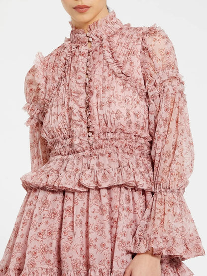 Mac Duggal Pink Long Sleeve Mock Neck Ruffle Mini Dress