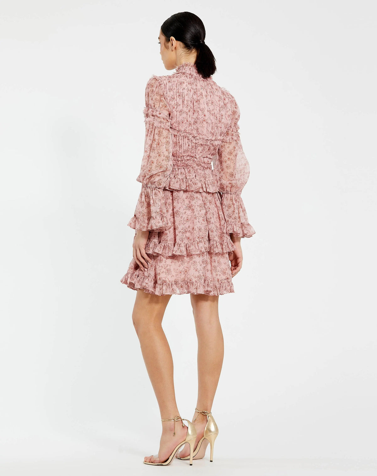 Mac Duggal Pink Long Sleeve Mock Neck Ruffle Mini Dress
