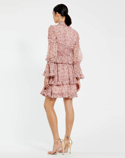 Mac Duggal Pink Long Sleeve Mock Neck Ruffle Mini Dress