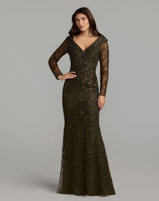 Mac Duggal Green Portrait Collar Long Sleeve Embellished Gown