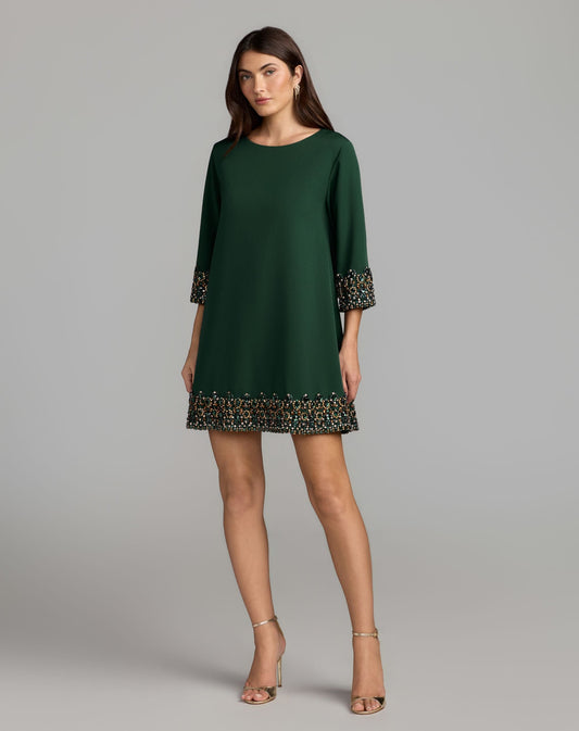 Mac Duggal Green Embellished Trim Mini Dress With 3/4 Sleeves