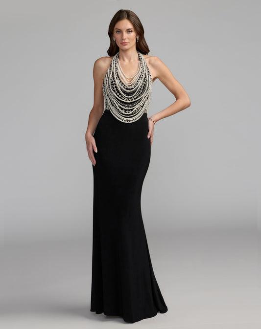 Mac Duggal Black Beaded Halter Neck Jersey Gown