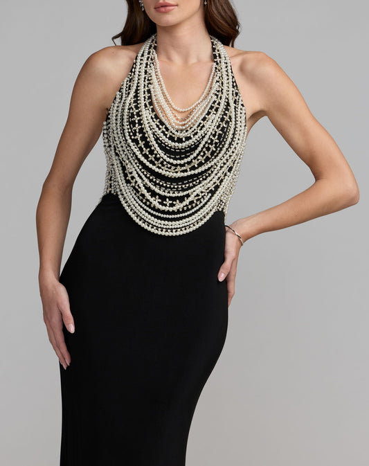 Mac Duggal Black Beaded Halter Neck Jersey Gown