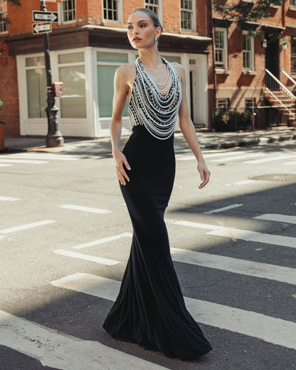 Mac Duggal Black Beaded Halter Neck Jersey Gown