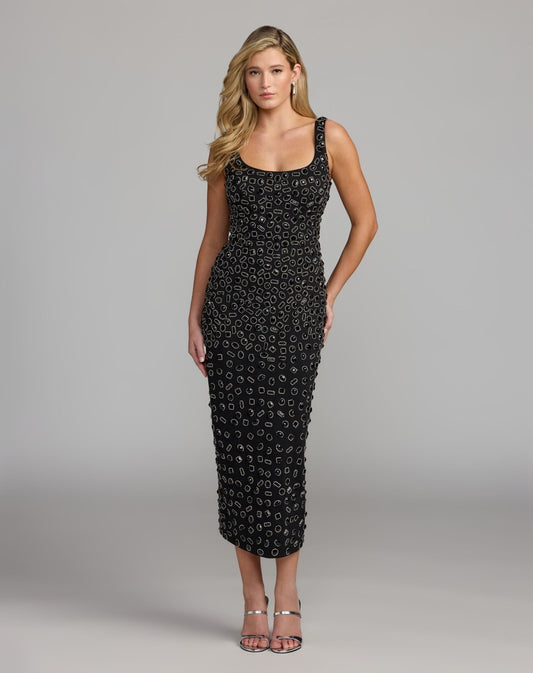 Mac Duggal Black Scoop Neck Beaded Scuba Midi Dress