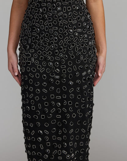 Mac Duggal Black Scoop Neck Beaded Scuba Midi Dress