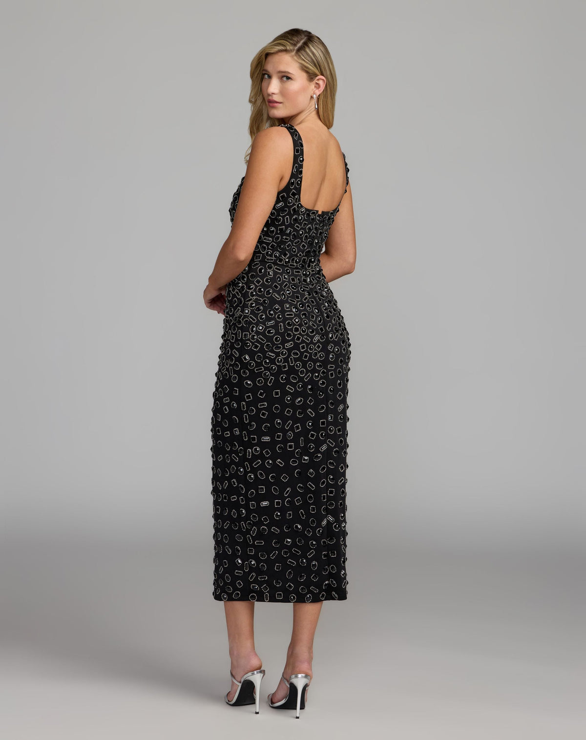 Mac Duggal Black Scoop Neck Beaded Scuba Midi Dress