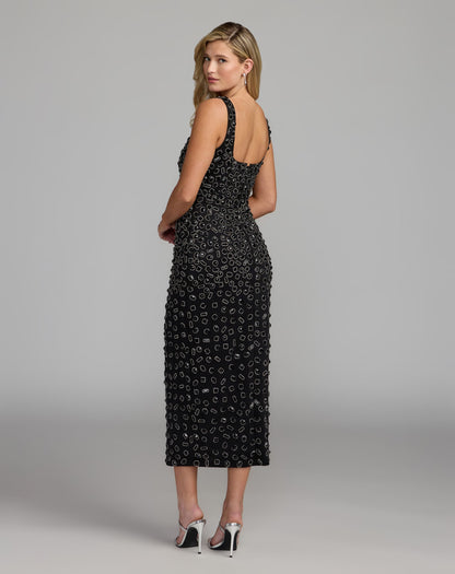 Mac Duggal Black Scoop Neck Beaded Scuba Midi Dress