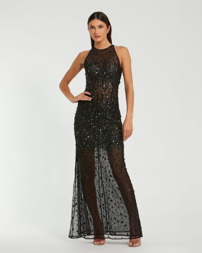 Mac Duggal Black Embellished Sheer Halter Gown