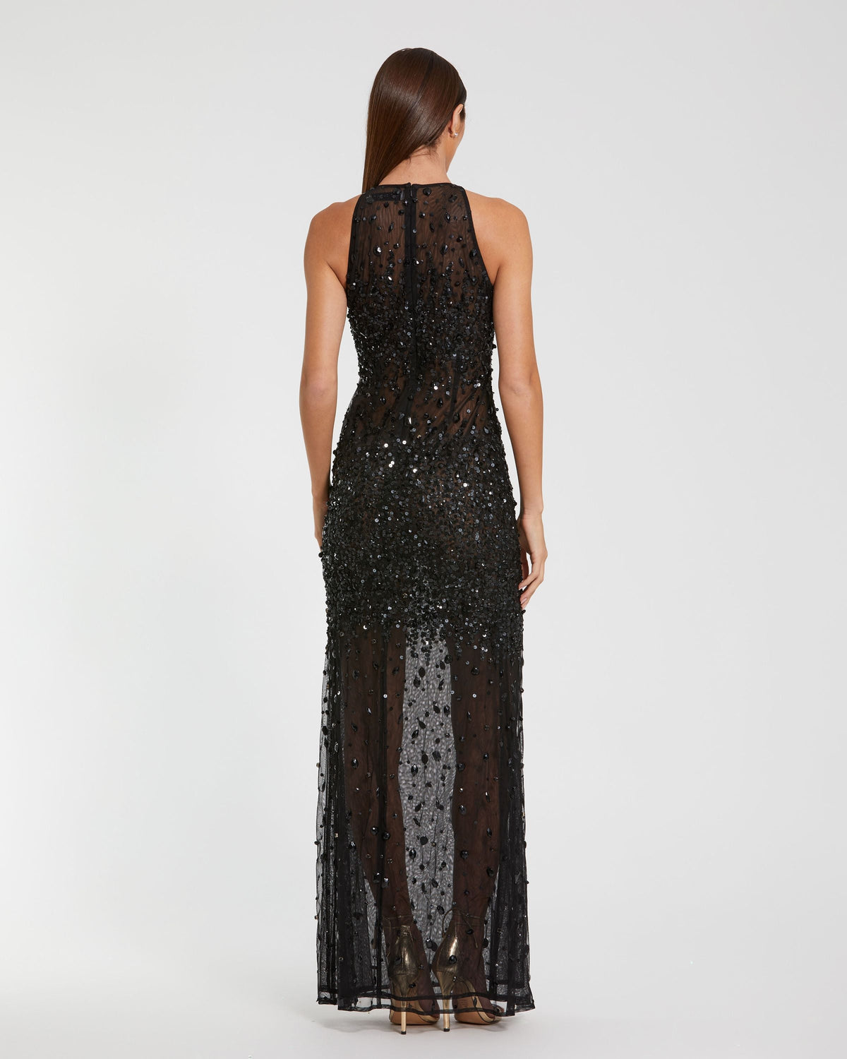 Mac Duggal Black Embellished Sheer Halter Gown