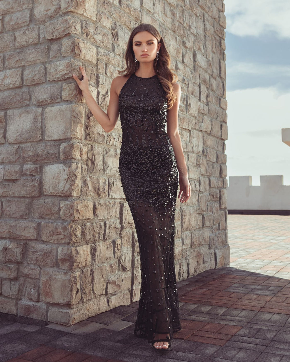 Mac Duggal Black Embellished Sheer Halter Gown