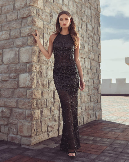 Mac Duggal Black Embellished Sheer Halter Gown