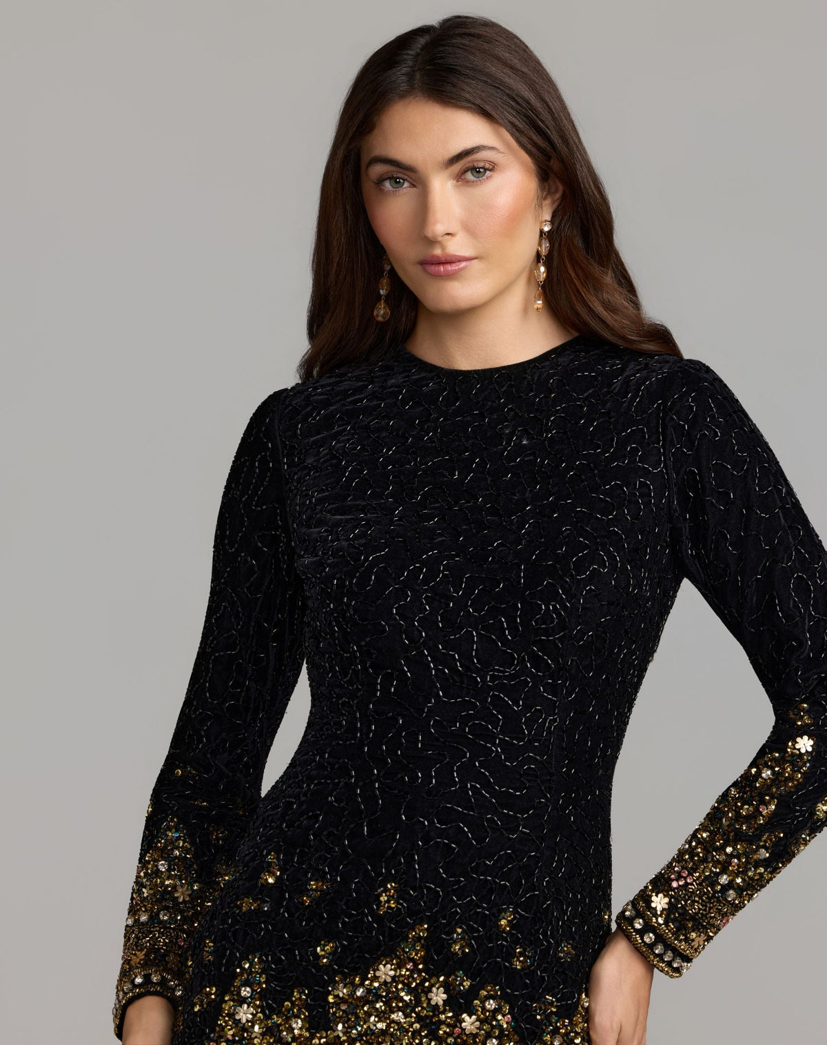 Mac Duggal Black Gold Velvet Long Sleeve Mini Dress