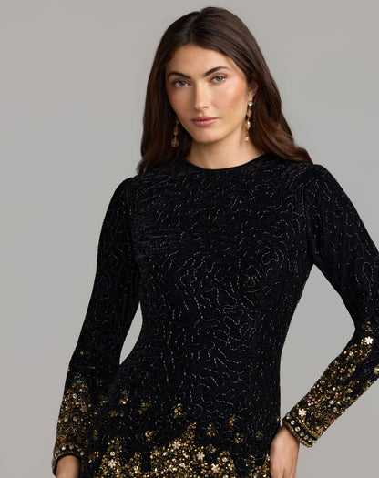 Mac Duggal Black Gold Velvet Long Sleeve Mini Dress
