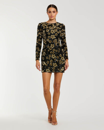Mac Duggal Black Gold Floral Sequin Mini Dress