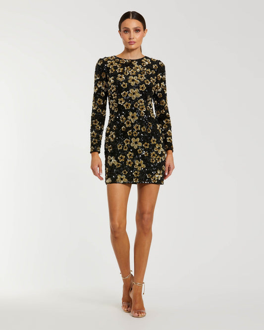 Mac Duggal Black Gold Floral Sequin Mini Dress