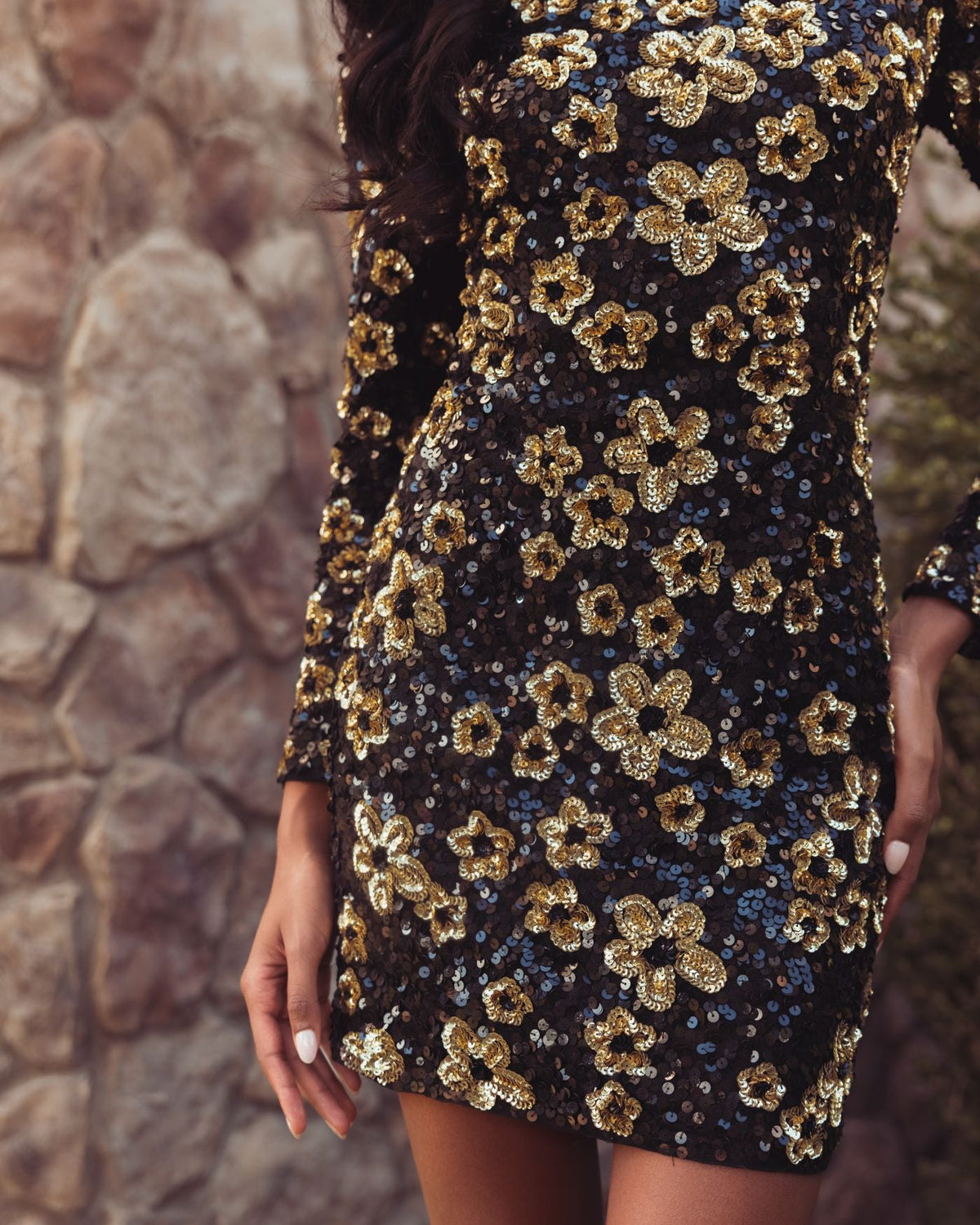 Mac Duggal Black Gold Floral Sequin Mini Dress
