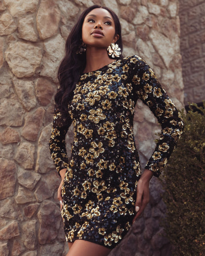 Mac Duggal Black Gold Floral Sequin Mini Dress