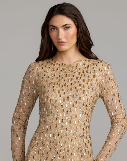 Mac Duggal Gold Embellished Long Sleeve Fringe Mini Dress