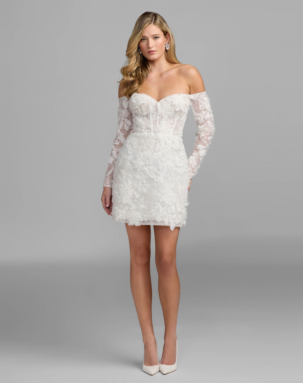 Mac Duggal Ivory Floral Lace Off Shoulder Mini Dress