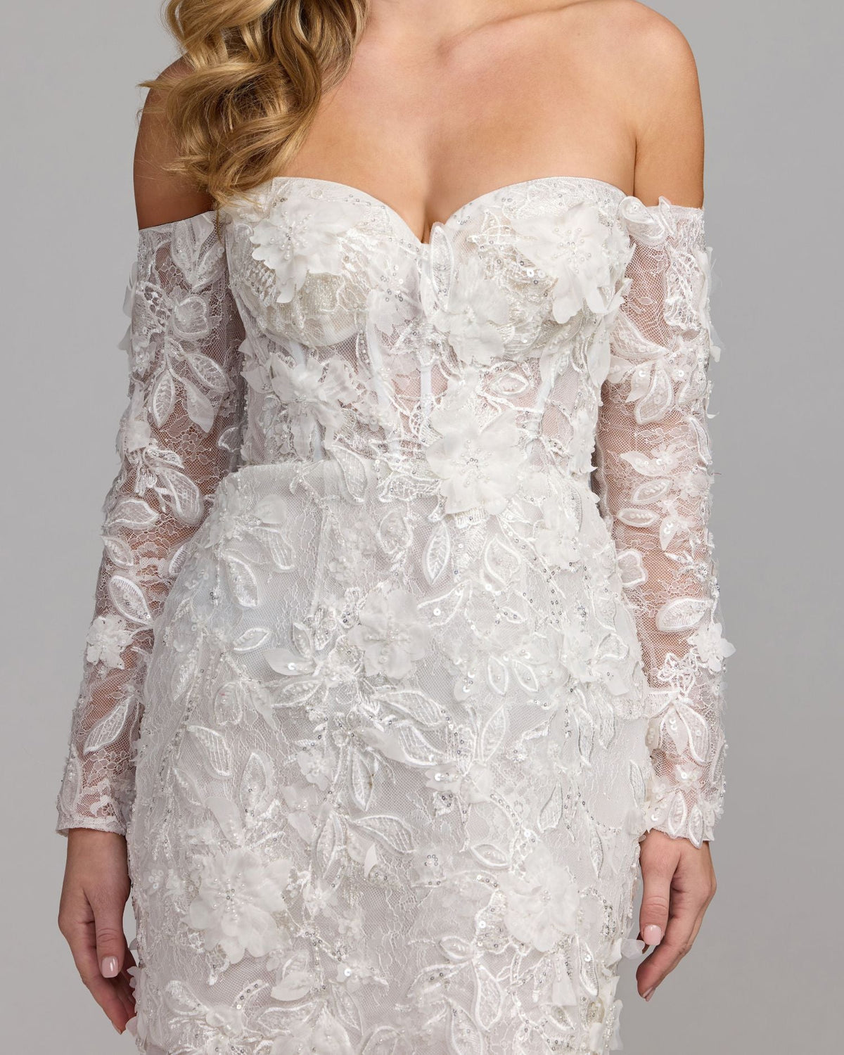 Mac Duggal Ivory Floral Lace Off Shoulder Mini Dress