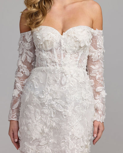 Mac Duggal Ivory Floral Lace Off Shoulder Mini Dress