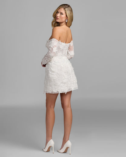 Mac Duggal Ivory Floral Lace Off Shoulder Mini Dress