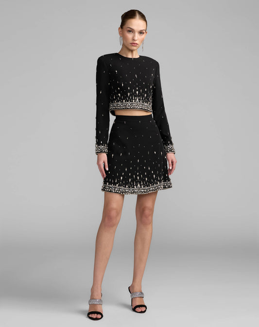 Mac Duggal Black Embellished Top And Mini Skirt Set