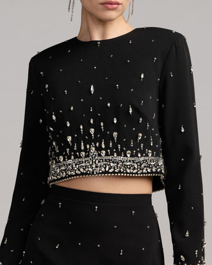 Mac Duggal Black Embellished Top And Mini Skirt Set