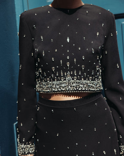 Mac Duggal Black Embellished Top And Mini Skirt Set
