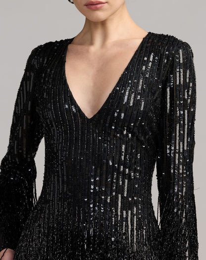 Mac Duggal Black Long Sleeve V-Neck Beaded Fringe Mini Dress