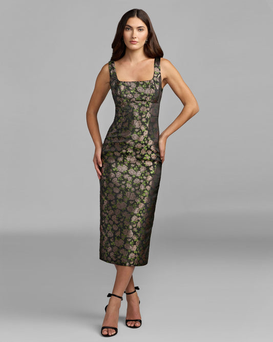 Mac Duggal Black Floral Brocade Midi Dress