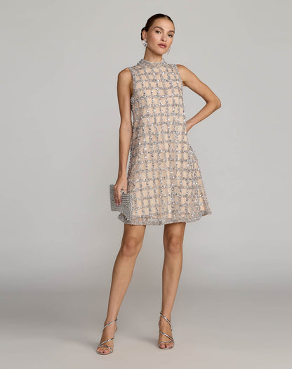 Mac Duggal Silver Nude Crystal Embellished Shift Dress