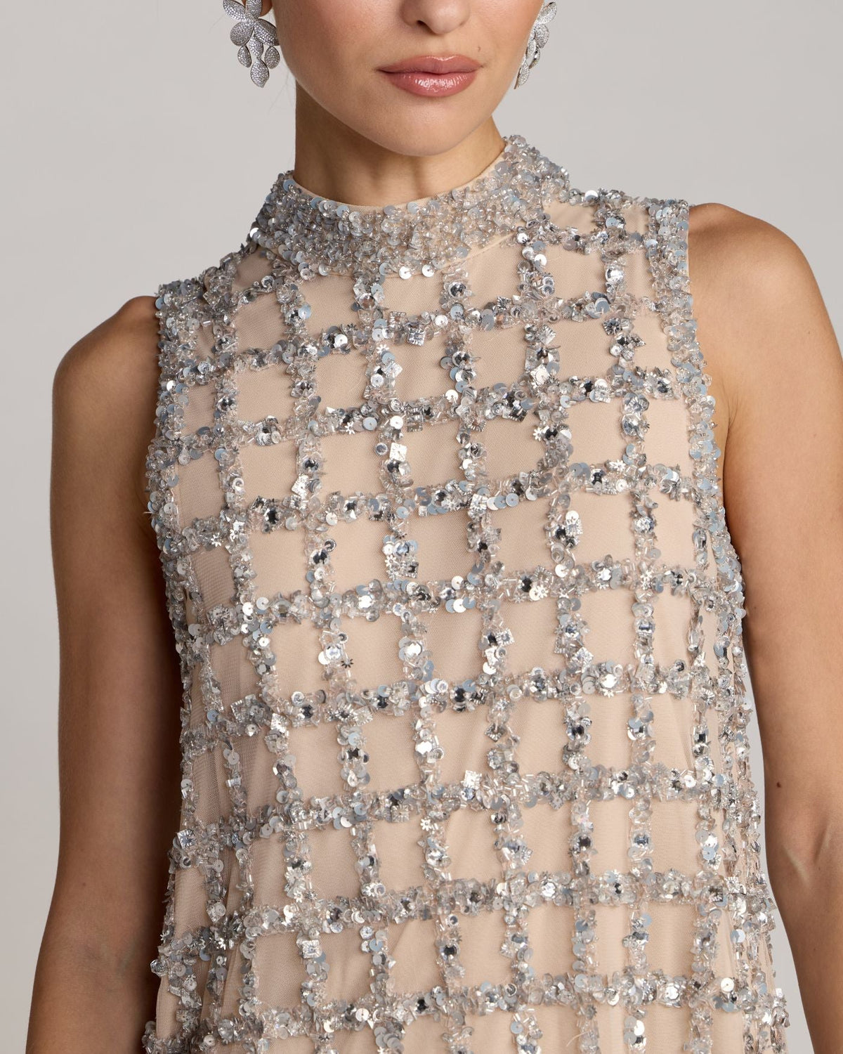 Mac Duggal Silver Nude Crystal Embellished Shift Dress