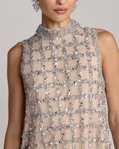 Mac Duggal Silver Nude Crystal Embellished Shift Dress