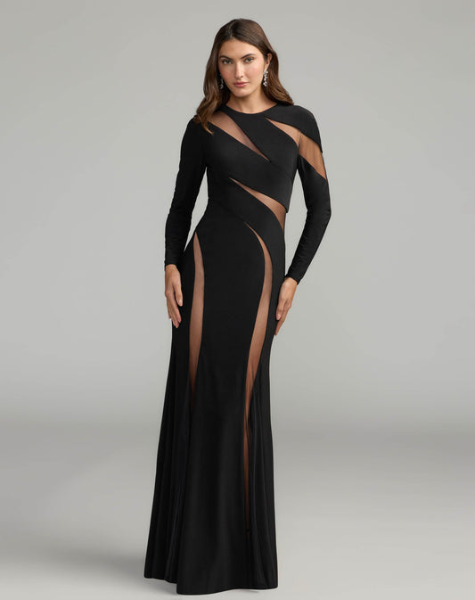 Mac Duggal Black Jersey Long Sleeve Illusion Cut Out Gown