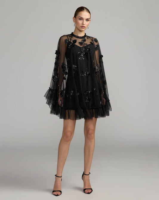 Mac Duggal Black Embellished Long Sleeve Trapeze Dress with Ruffle Hem