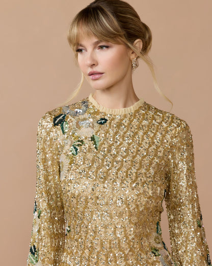 Mac Duggal Gold Floral Embellished Long Sleeve Mini Dress