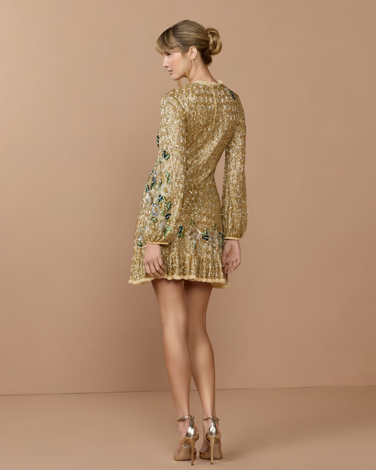 Mac Duggal Gold Floral Embellished Long Sleeve Mini Dress