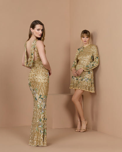Mac Duggal Gold Floral Embellished Long Sleeve Mini Dress