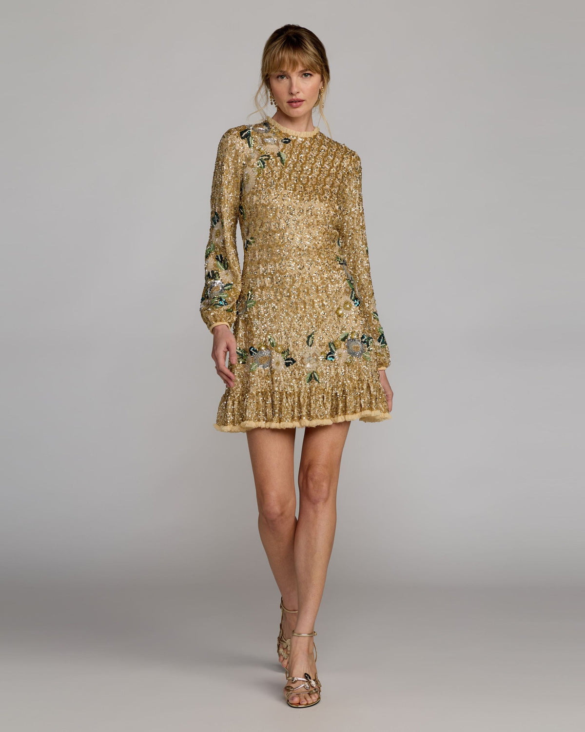 Mac Duggal Gold Floral Embellished Long Sleeve Mini Dress
