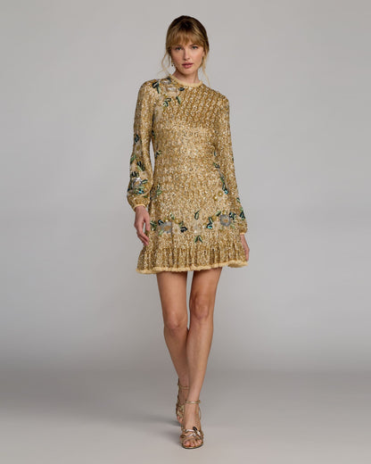 Mac Duggal Gold Floral Embellished Long Sleeve Mini Dress
