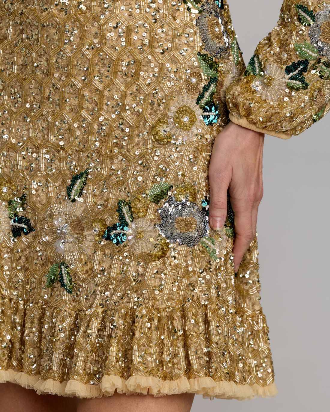 Mac Duggal Gold Floral Embellished Long Sleeve Mini Dress