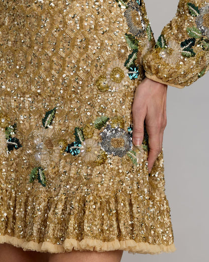 Mac Duggal Gold Floral Embellished Long Sleeve Mini Dress