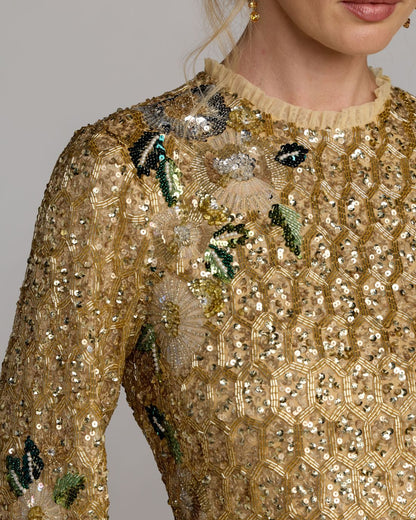 Mac Duggal Gold Floral Embellished Long Sleeve Mini Dress