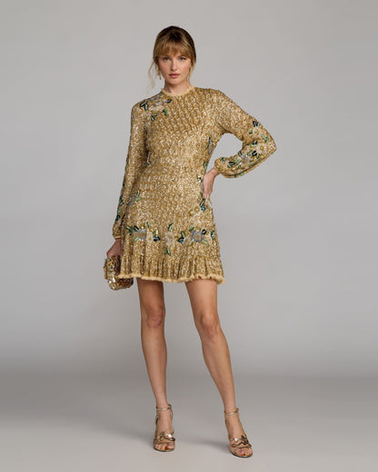 Mac Duggal Gold Floral Embellished Long Sleeve Mini Dress
