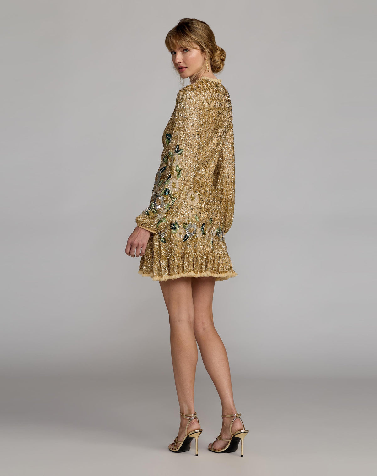 Mac Duggal Gold Floral Embellished Long Sleeve Mini Dress