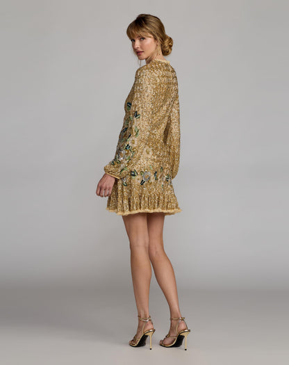 Mac Duggal Gold Floral Embellished Long Sleeve Mini Dress