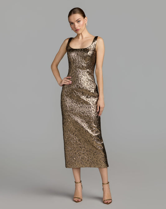 Mac Duggal Gold Metallic Scoop Neck Brocade Midi Dress
