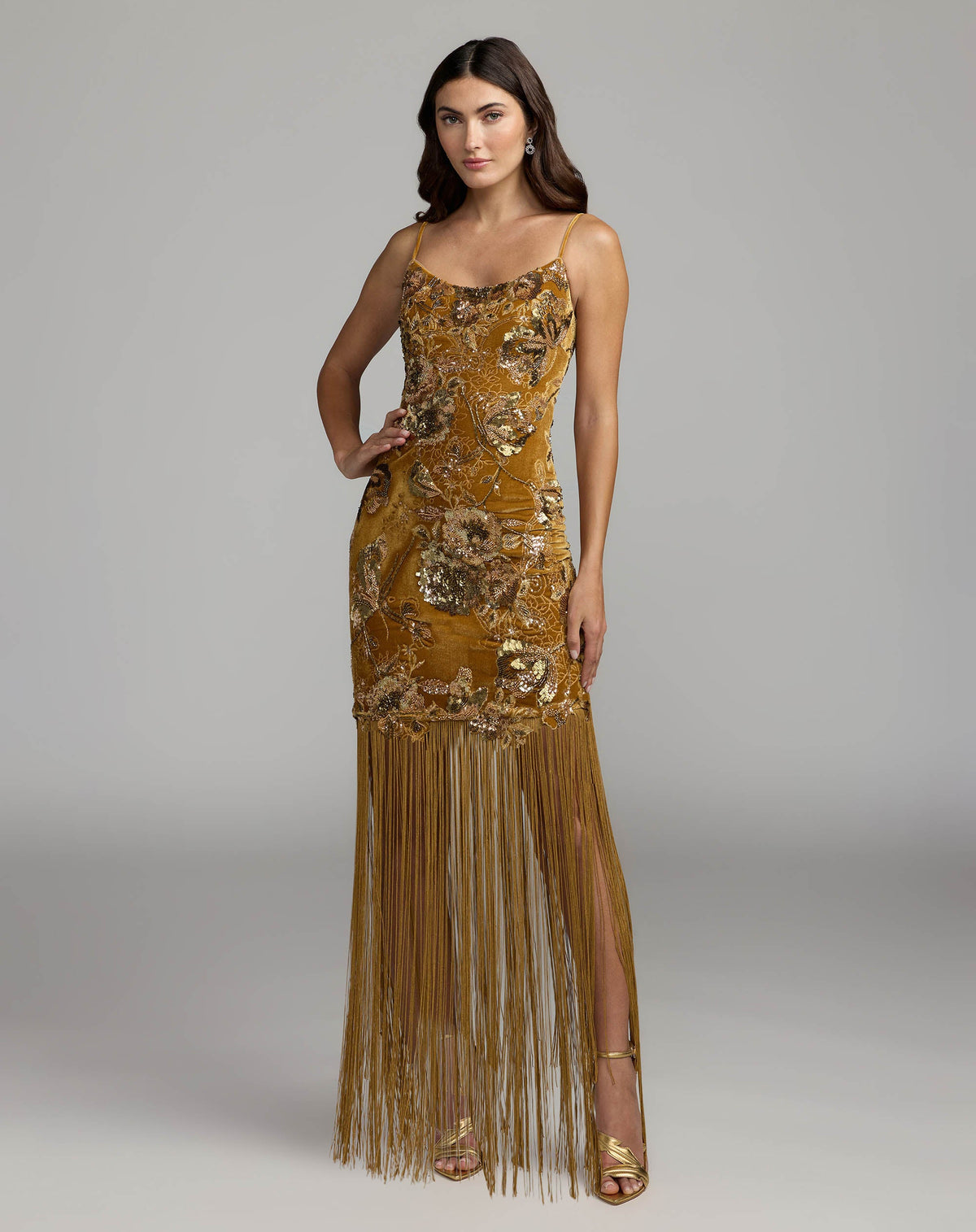 Mac Duggal Gold Embellished Velvet Fringe Maxi Dress